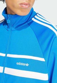 Osoba v modré bundě Adidas s bílými pruhy a zipem, ukazující část obličeje a horní polovinu trupu.