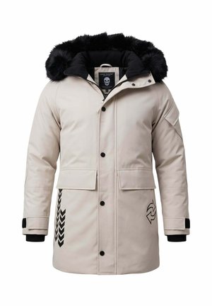 Beige winterparka met zwarte bontkap, zwarte ritssluiting en drukknopen, twee voorzakken, en zwarte chevron- en cirkelvormige pijlen.