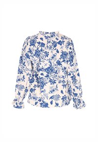 Blusa floreale in crema con motivo di rose blu, con scollo arricciato e maniche gathered. Tessuto morbido con vestibilità comoda.