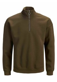 Sudadera marrón con cremallera en el cuello y un alto collar, hecha de material suave. Presenta mangas largas y puños y dobladillo de punto. Diseño simple.