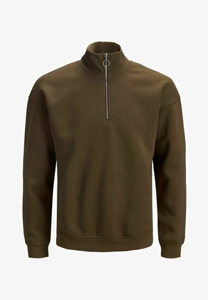 Brun, sweatshirt med lynlås i halsen og høj krave, lavet af blødt materiale. Har lange ærmer og ribbede manchetter og kant. Enkel design.