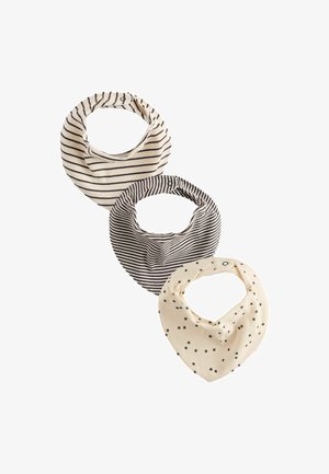 Tre bløde stof-blebibs med trykknapper, en beige med tynde sorte striber, en mørk med tynde hvide striber og en cremefarvet med små sorte stjerner.