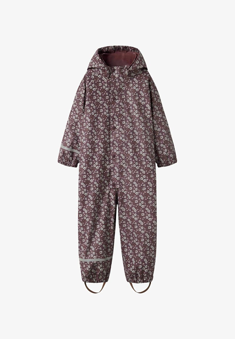 Lilla regnjakke med blomsterprint, hætte, elastiske manchetter, reflekterende detaljer ved anklerne og slidstærkt stof for vandtæt beskyttelse.