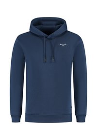 Marineblauwe hoodie met verstelbare trekkoorden en een klein wit 'BALLIN'' logo op de bovenste linkerkant van de borst, ribgebreide manchetten en zoom.