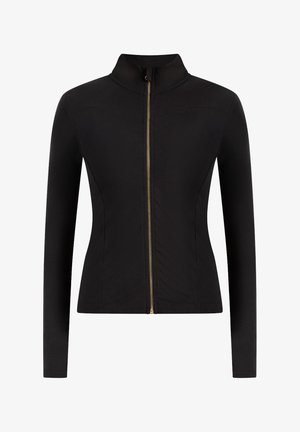 Zwarte sportjas met een rits aan de voorkant, hoge kraag, lange mouwen en gouden ritsdetail. Gemaakt van glad, rekbaar materiaal.
