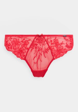 Rød blondetruse i bikini-stil med blomsterbroderi, gjennomsiktig nettstoff, bølgete kanter og en liten sløyfe på midjen.