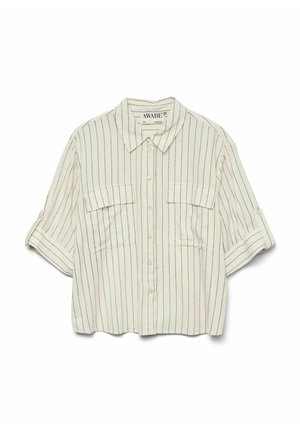 Short-sleeve, button-up shirt in light beige with dark vertical stripes. Features two chest pockets and rolled-up sleeves.
