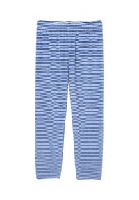 Blue and white striped cotton leggings with an elastic waistband, featuring a soft texture and a slim fit design.