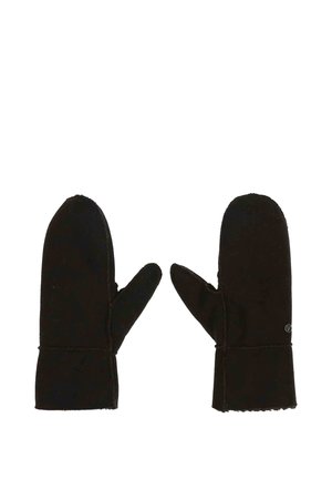 Zwarte wanten van zacht stof met een gladde textuur. Heeft een afgeronde bovenkant en een polsmanchet. Bevat een klein logodetail aan de zijkant.