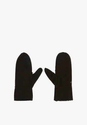 Manoplas negras hechas de una tela suave con una textura lisa. Presentan una parte superior redondeada y un puño en la muñeca. Incluyen un pequeño logo en el lateral.