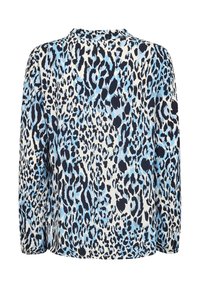 Långärmad blus med ett blått och marinblått leopardmönster på en krämfärgad bakgrund, tillverkad av lättviktsmaterial med en avslappnad passform.