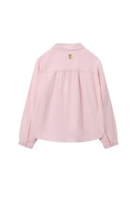 Pink long-sleeve shirt in lightweight fabric, featuring a collar, button cuffs, and a gold embroidered leaf detail on the upper back.