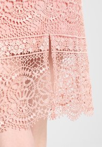 Růžová krajková sukně s propracovanými květinovými vzory, vlnitými okraji a detailem rozparku. Textura je jemná a průhledná.