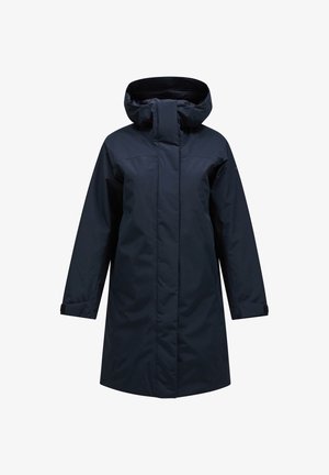 Námorní modrá voděodolná parka s vysokým límcem, předním zipem a nastavitelnými manžetami. Hladká textura a délka po kolena.