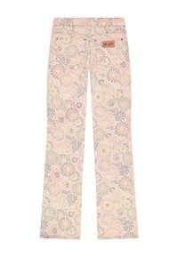 Παντελόνι ψηλόμεσο, κανονική γραμμή με ευθείες παντελόνες, με παστέλ λουλουδάτο μοτίβο σε ροζ, κίτρινο και μοβ, με τσέπες στο πίσω μέρος και δερμάτινη ετικέτα Wrangler.