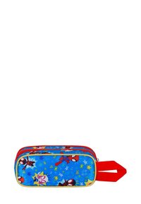 Trousse en tissu bleu, ornée de graphismes de Spider-Man en rouge et jaune. Deux zips rouges et une poignée rouge pour un transport facile.