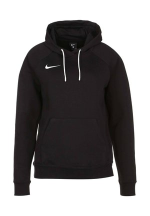 Black hooded sweatshirt made of cotton blend. Features a front kangaroo pocket, white drawstrings, and a white Nike logo on the chest.