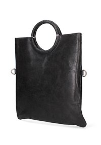 Zwarte lederen tote bag met een gladde textuur, minimalistische rechthoekige vorm en ronde handgrepen. Beschikt over accenten van zilver hardware.