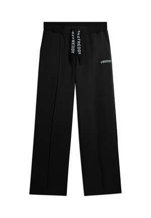 Pantaloni neri a gamba dritta con vita elasticizzata, coulisse con marchio "FREDDY" e logo "FREDDY" sulla parte superiore della coscia destra.