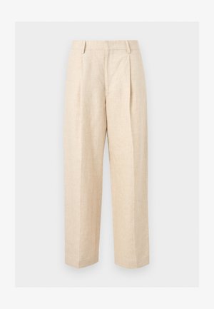 Pantalon en lin beige taille haute, coupe droite, avec passants de ceinture et un pli frontal sur un fond uni.