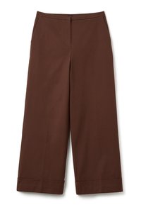 Pantalons marron à jambes droites avec ourlets retroussés, poches latérales et fermeture éclair frontale dissimulée, fabriqués en tissu lisse.