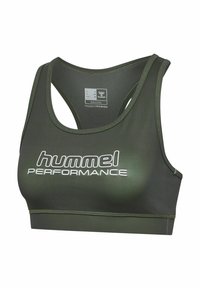 Sujetador deportivo verde oliva con diseño de espalda nadadora, que presenta el texto en blanco "hummel PERFORMANCE", textura suave y bordes cosidos.