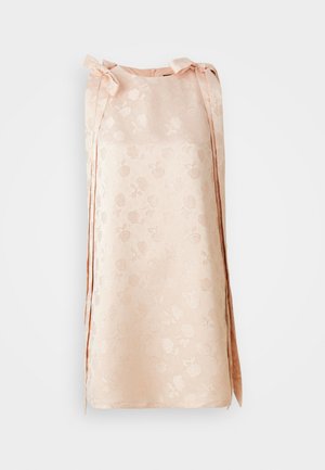 Sleeveless pale pink dress with floral jacquard pattern and tied bows on both shoulders, straight cut, knee length.
