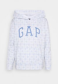 Felpa con cappuccio azzurro chiaro con un motivo geometrico, dotata di tasca frontale e logo "GAP" in un blu più scuro, realizzata in morbido materiale felpato.