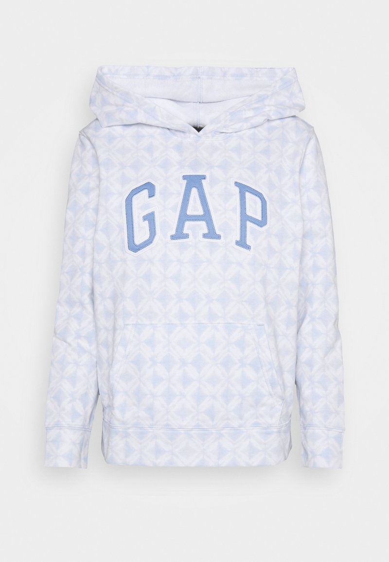 Felpa con cappuccio azzurro chiaro con un motivo geometrico, dotata di tasca frontale e logo "GAP" in un blu più scuro, realizzata in morbido materiale felpato.