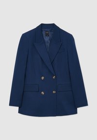 Blazer navy a doppiopetto con bottoni dorati, rever a punta, due tasche frontali e un tessuto misto lana testurizzato. Presenta una silhouette aderente.