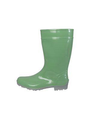 Single green rubber boot with textured gray sole, viewed from the side against a white background.