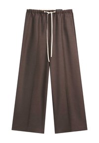 Pantaloni marroni a gamba larga con vita elastica e coulisse bianca, realizzati in tessuto morbido.