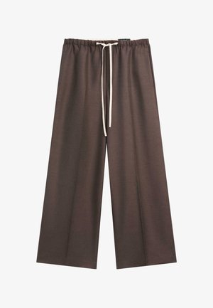 Wide-leg brown pants with elastic waistband and white drawstring, made from soft fabric.