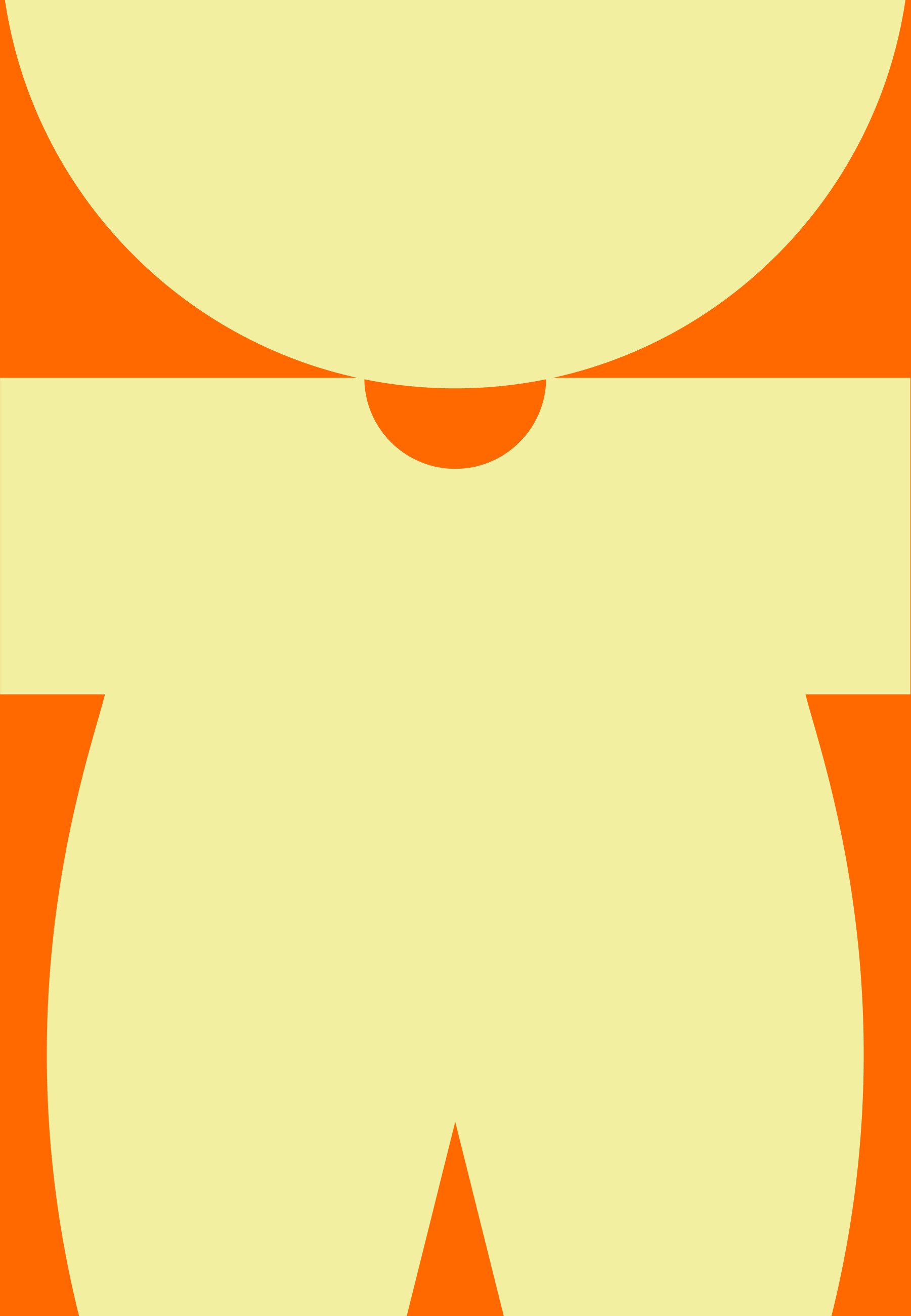 Yellow abstract figure against an orange background. The design features smooth curves and a downward-pointing triangular shape at the base.