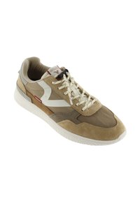 Sneaker beige con un mix di materiali in rete e suede. Presentano accenti bianchi, lacci rotondi e suola testurizzata per la trazione.
