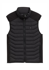 Chaleco acolchado sin mangas para hombre en negro, con diseño acolchado, cuello alto, dos bolsillos laterales con cremallera y tejido en contraste en los hombros.