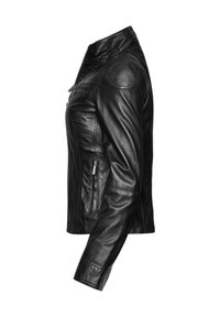 Giacca in pelle nera con tasche laterali con zip e dettagli imbottiti sulle spalle, mostrata di lato su uno sfondo bianco.