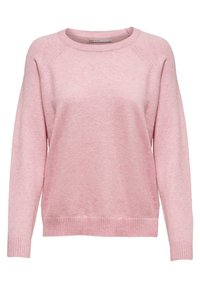 Hellrosa gestrickter Pullover mit Rundhalsausschnitt, langen Ärmeln und gerippten Bündchen und Saum. Glatte Textur und lässiges Design.