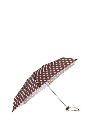 Brun paraply med polkadotter, sølvmetalramme, hvide detaljer og en løkkehåndtag. Kappen har en glat tekstur og semi-gennemsigtige kanter.