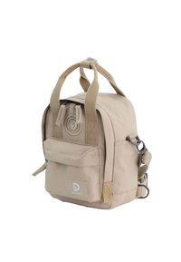 Beige fabric backpack with dual top handles, adjustable shoulder strap, front pocket, and logo patch. Features reinforced stitching and hardware accents.