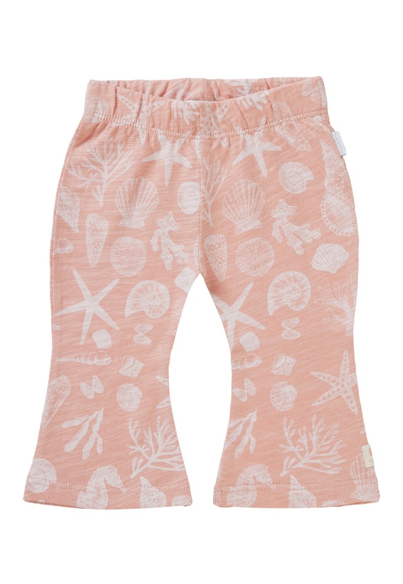 Pantalons flare en coton rose avec un motif marin blanc, comprenant des coquilles, des étoiles de mer et des algues. Taille élastique pour plus de confort.