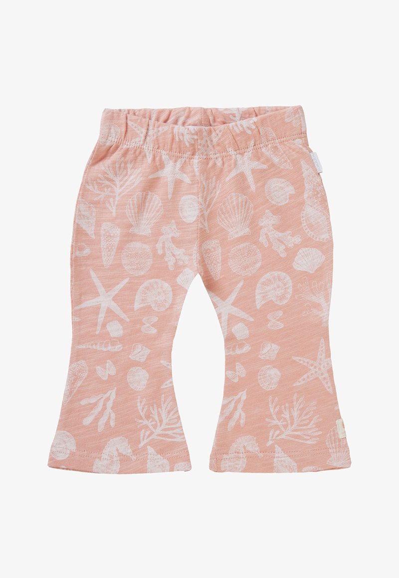 Roze katoenen flarebroek met een wit zee-thema patroon, waaronder schelpen, zeesterren en zeegras. Elastische waistband voor comfort.