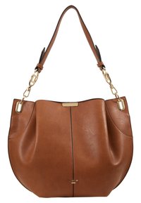 Sac à main en cuir marron avec des accents métal doré, une bandoulière et une couture verticale subtile au centre devant.
