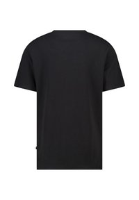 Black cotton t-shirt with short sleeves, a crew neck, and a straight cut. No visible patterns or accents, featuring a plain back design.