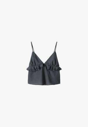 Dark gray sleeveless top with thin straps, featuring a V-neck and ruffled accents along the bust line. Made of lightweight fabric.