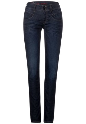 Dunkelblaue Denim-Jeans mit slim Fit, subtilen Nähten, Fronttaschen und einem Knopfverschluss am Bund.