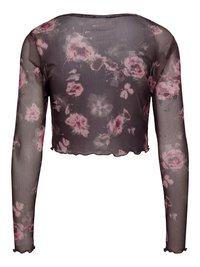 Doorzichtige cropped top met lange mouwen, grijze basis en roze bloemenpatroon. Golvende zoom en details aan de halslijn versterken het ontwerp.