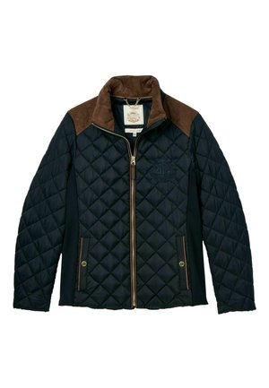 Gepatchte schwarze Jacke mit braunen Wildleder-Schultern, goldenem Reißverschluss, Seitentaschen und dezentem Logo-Stick. Verfügt über ein hohes Kragen-Design.