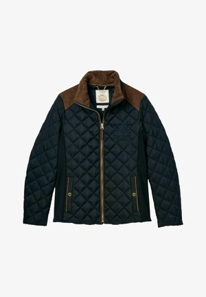 Gesteppte schwarze Jacke mit braunen Wildlederakzenten an Schultern und Kragen; verfügt über einen Frontreißverschluss und Seitentaschen mit Metallbeschlägen.