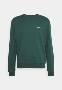 Zielona bluza z okrągłym dekoltem, długimi rękawami i ściągaczami. Na piersi małe białe logo. Gładka tkanina z bawełnianej mieszanki.